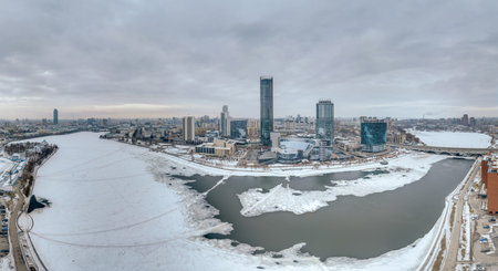 Yekaterinburg aerial panoramic view in spring at sunset. Yekaterinburg city and pond in spring or autumn. Yekaterinburg, Russiaの写真素材