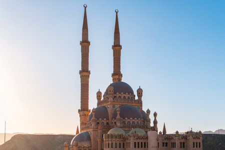 Beautiful Al Mustafa Mosque in Old Town of Sharm El Sheikh in Egypt, at sunsetの写真素材