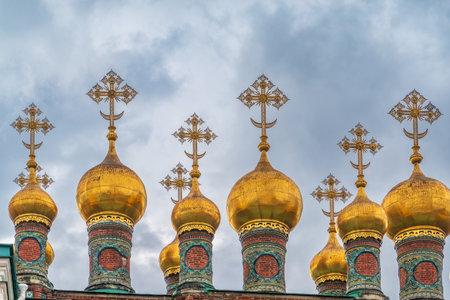 Golden domes of Upper Saviour Cathedral and Terem Churches at the Grand Kremlin Palace in Moscow. Cathedral of the Savior of the Holy Faceの写真素材