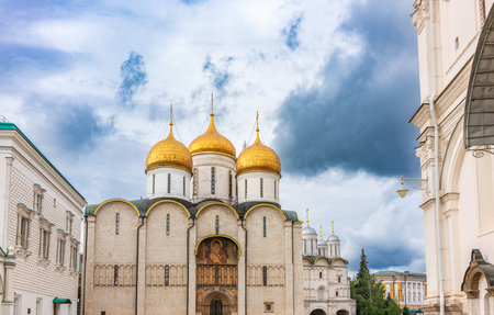 The Dormition Cathedral in Moscow Kremlin, also known as the Assumption Cathedral or Cathedral of the Assumption. Cathedral of Dormition is Russian Orthodox church dedicated to Dormition of Theotokosの写真素材