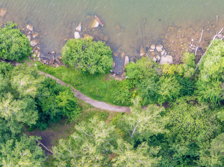 Aerial view of lake or river green shore with forest. Summer season. Recreation concept. Sky...