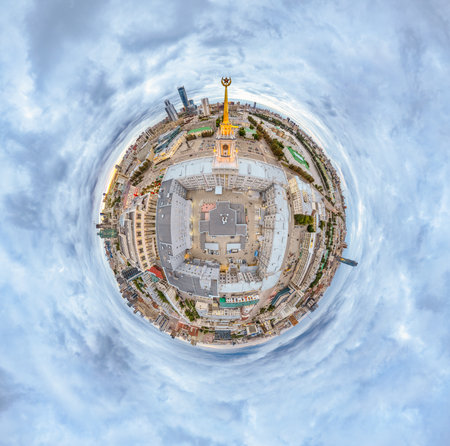 Yekaterinburg City Administration or City Hall. Central square. Evening city in summer evening, Aerial View. Little planet sphere mode. Top view of city administration in Ekaterinburgの写真素材