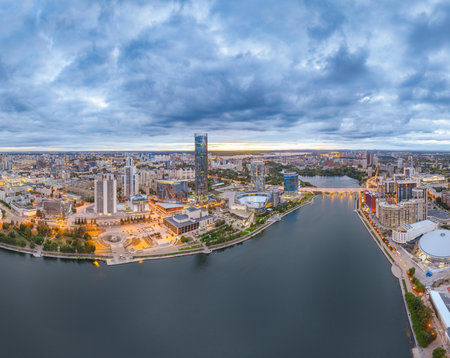 Yekaterinburg city and pond aerial panoramic view at summer or early autumn sunset. Night city in the early autumn. Yekaterinburg, Russia. Aerial view.の写真素材