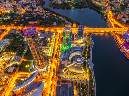 Yekaterinburg city and pond aerial panoramic view at summer or early autumn night. Night city in the early autumn. Yekaterinburg, Russia. Aerial view.の写真素材