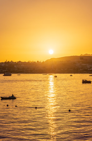 Scenic view of Naama Bay, Sharm-el-Sheikh, Egypt. Sunrise over the sea. Panoramic seascape.の写真素材
