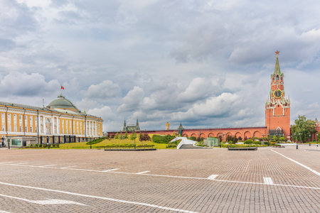 Spasskaya Tower viewed inside Kremlin, Moscow, Russia. Moscow kremlin inside in sunny spring day.の写真素材