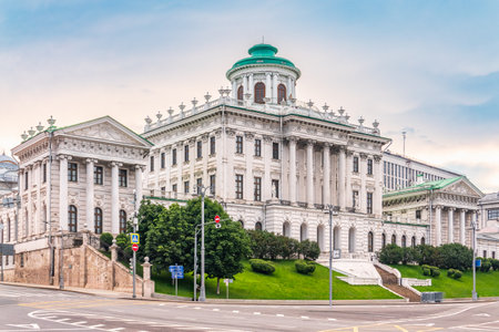 Pashkov house, the Neoclassical building near Red Square in Moscow, under clear blue sky. One of the most famous classic buildings in Moscow. Russian state library. Vozdvizhenka street, Moscow, Russiaの写真素材