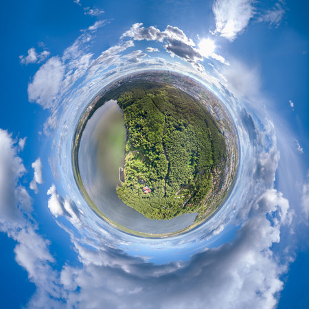 Big lake system in bright sun light, aerial landscape. Recreation concept. Sky reflection. Ecology...