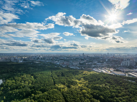 Yekaterinburg aerial panoramic view in summer sunset. Ekaterinburg is the fourth largest city in Russia located in the Eurasian continent on the border of Europe and Asia. Yekaterinburg, Russiaの写真素材