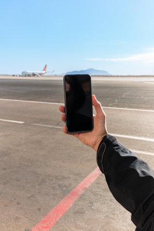Girl holds a smartphone with a black screen close-up. Phone on the background of the airport with an...