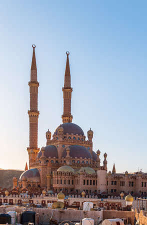 Beautiful Al Mustafa Mosque in Old Town of Sharm El Sheikh in Egypt, at sunsetの写真素材