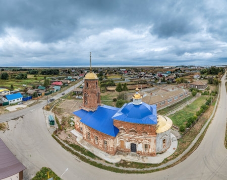 summer aerial view of the Temple in the village of Nekrasovo. Trinity Church in the villageの写真素材