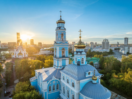 Summer Yekaterinburg, Temple of the Ascension and Temple on Blood in beautiful clear sunset. Aerial view of Yekaterinburg, Russia.の写真素材