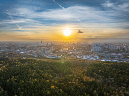 Aerial drone view of stunning colorful autumn fall forest.の写真素材