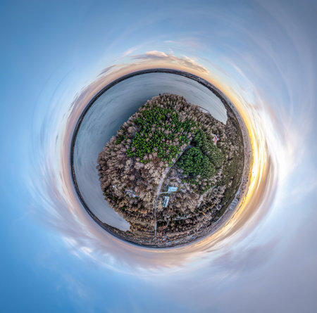 Big lake system in bright sunlight, aerial landscape. Recreation concept. Sky reflection. Ecology....