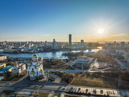 Early spring or autumn Yekaterinburg and Temple on Blood in clear sunset. Aerial view. Yekaterinburg, Russia. Translation of the text on the temple: Honest to the Lord is death of His saints.の写真素材