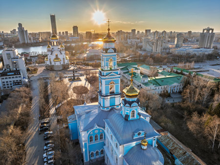 Spring or Autumn Yekaterinburg, Temple of the Ascension and Temple on Blood in beautiful clear sunset. Aerial view of Yekaterinburg, Russia.の写真素材