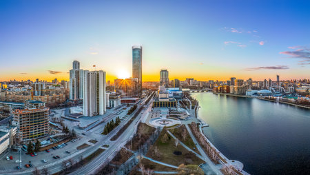 Yekaterinburg aerial panoramic view in spring at sunset. Yekaterinburg city and pond in spring or autumn. Yekaterinburg, Russiaの写真素材