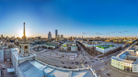 Yekaterinburg City Administration or City Hall. Central square. Evening city in the early spring, Aerial View. Top view of city administration in Ekaterinburgの写真素材
