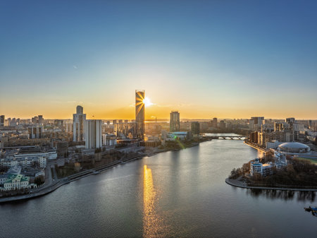 Yekaterinburg aerial panoramic view in spring at sunset. Yekaterinburg city and pond in spring or autumn. Yekaterinburg, Russiaの写真素材