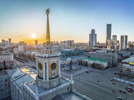 Yekaterinburg City Administration or City Hall. Central square. Evening city in the early spring, Aerial View. Top view of city administration in Ekaterinburgの写真素材
