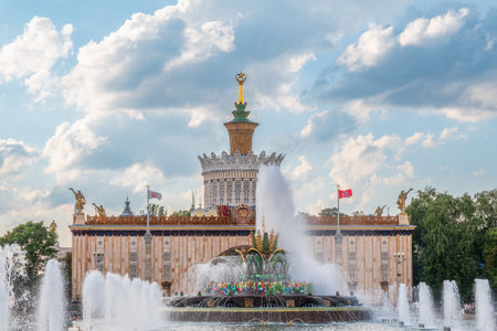 Stone Flower fountain and pavilion Ukraine in Exhibition of economic achievements, VDNKh, Moscow, Russia. Splashes of water against light background.の写真素材