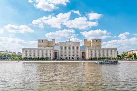 View of the Ministry of Defense of Russian Federation, and Moscow river embankment. Translation of the inscription - Ministry of Defense of the Russian Federationの写真素材