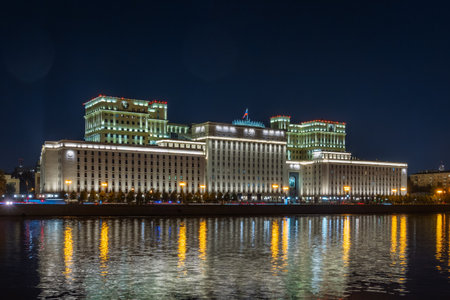 Night view of the Ministry of Defense of Russian Federation, and Moscow river embankment. Translation of the inscription on the facade - Ministry of Defense of the Russian Federationの写真素材