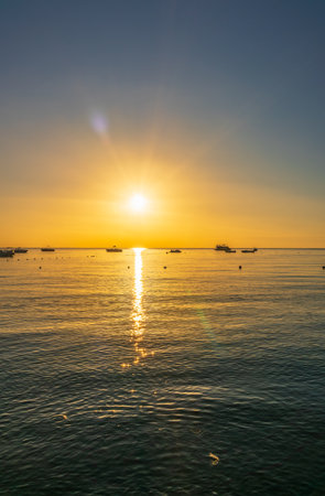 Scenic view of Naama Bay, Sharm-el-Sheikh, Egypt. Sunrise over the sea. Panoramic seascape.の写真素材
