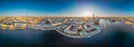 Yekaterinburg aerial panoramic view in spring at sunset. Yekaterinburg city and pond in spring or autumn. Yekaterinburg, Russiaの写真素材