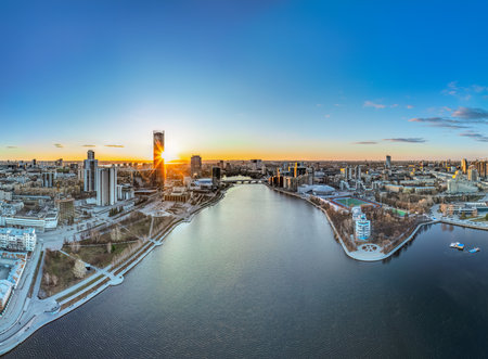 Yekaterinburg aerial panoramic view in spring at sunset. Yekaterinburg city and pond in spring or autumn. Yekaterinburg, Russiaの写真素材