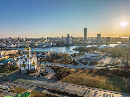 Early spring or autumn Yekaterinburg and Temple on Blood in clear sunset. Aerial view. Yekaterinburg, Russia. Translation of the text on the temple: Honest to the Lord is death of His saints.の写真素材