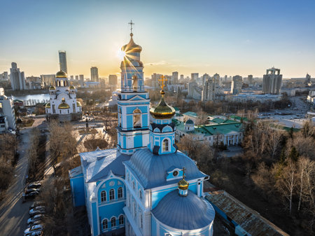 Spring or Autumn Yekaterinburg, Temple of the Ascension and Temple on Blood in beautiful clear sunset. Aerial view of Yekaterinburg, Russia.の写真素材