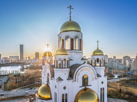 Early spring or autumn Yekaterinburg and Temple on Blood in clear sunset. Aerial view. Yekaterinburg, Russia. Translation of the text on the temple: Honest to the Lord is death of His saints.の写真素材