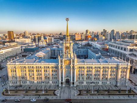 Yekaterinburg City Administration or City Hall. Central square. Evening city in the early spring, Aerial View. Top view of city administration in Ekaterinburgの写真素材