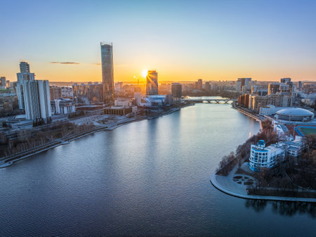 Yekaterinburg aerial panoramic view in spring at sunset. Yekaterinburg city and pond in spring or autumn. Yekaterinburg, Russiaの写真素材