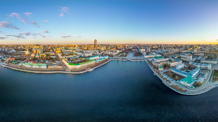 Yekaterinburg aerial panoramic view in spring at sunset. Yekaterinburg city and pond in spring or autumn. Yekaterinburg, Russiaの写真素材
