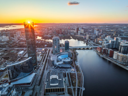 Yekaterinburg aerial panoramic view in spring at sunset. Yekaterinburg city and pond in spring or autumn. Yekaterinburg, Russiaの写真素材