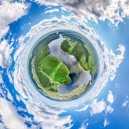 Big lake system in bright sun light, aerial landscape. Recreation concept. Sky reflection. Ecology in Europe. Aerial view. Little planet sphere mode.の写真素材