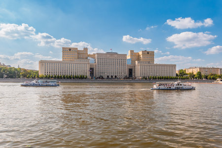 View of the Ministry of Defense of Russian Federation, and Moscow river embankment. Translation of the inscription - Ministry of Defense of the Russian Federationの写真素材