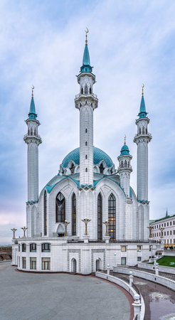 Kul Sharif mosque in Kazan Kremlin, Tatarstan, Russia. It is tourist attraction of Kazan. Kremlin. The main attraction of the city of Kazan. Kul Sharif Mosque on the background of a beautiful sky.の写真素材