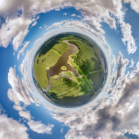 Big lake system in bright sun light, aerial landscape. Recreation concept. Sky reflection. Ecology...