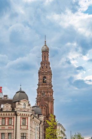 Bell tower of the Epiphany Cathedral in Kazan, Russia. Beautiful gate and wall of Epiphany Church in Kazan.の写真素材