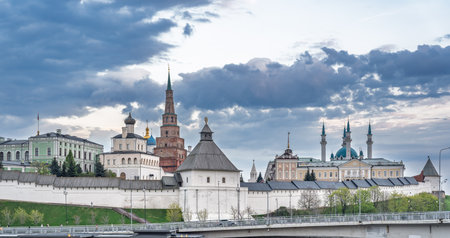 Cityscape of the embankment of the city of Kazan and the Kazan Kremlin. Russia. Panorama of white fortress under blue sky. Historical architecture of old Kazan city. UNESCO World Heritageの写真素材