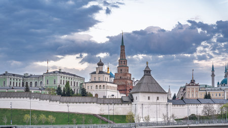 Cityscape of the embankment of the city of Kazan and the Kazan Kremlin. Russia. Panorama of white fortress under blue sky. Historical architecture of old Kazan city. UNESCO World Heritageの写真素材