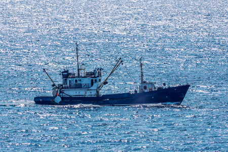 Fishing boat in blue sea and clear sky with birds flying overhead. Calm blue sea with the silhouette of a ship on the horizonの写真素材