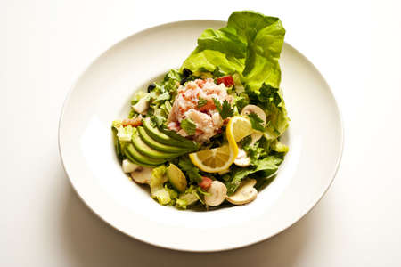 Close-up of a seafood salad, with lettuce, avocado, mushrooms, and lemon, in a white bowl. Horizontal format.の写真素材