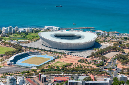 CAPE TOWN, SOUTH AFRICA - DECEMBER 18TH, 2014: The 68000 seater Cape Town Stadium at Green Point as seen from Signal Hill. Venue for several matches during the 2010 Soccer World Cupのeditorial素材