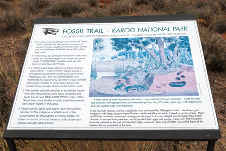 BEAUFORT WEST, SOUTH AFRICA - DECEMBER 2, 2014: Plaque at the fossil trail in the Karoo National Parkのeditorial素材