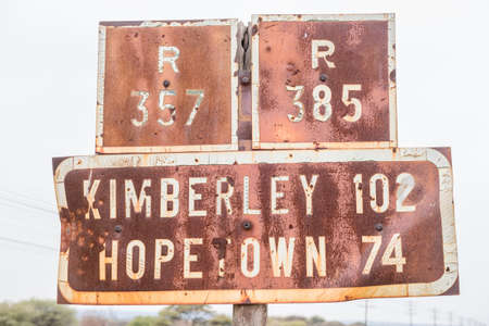 Rusted distance road sign at Douglas in the Northern Cape Province of South Africaの写真素材